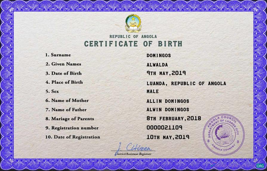 Download Angola vital record birth certificate PSD template Photoshop template